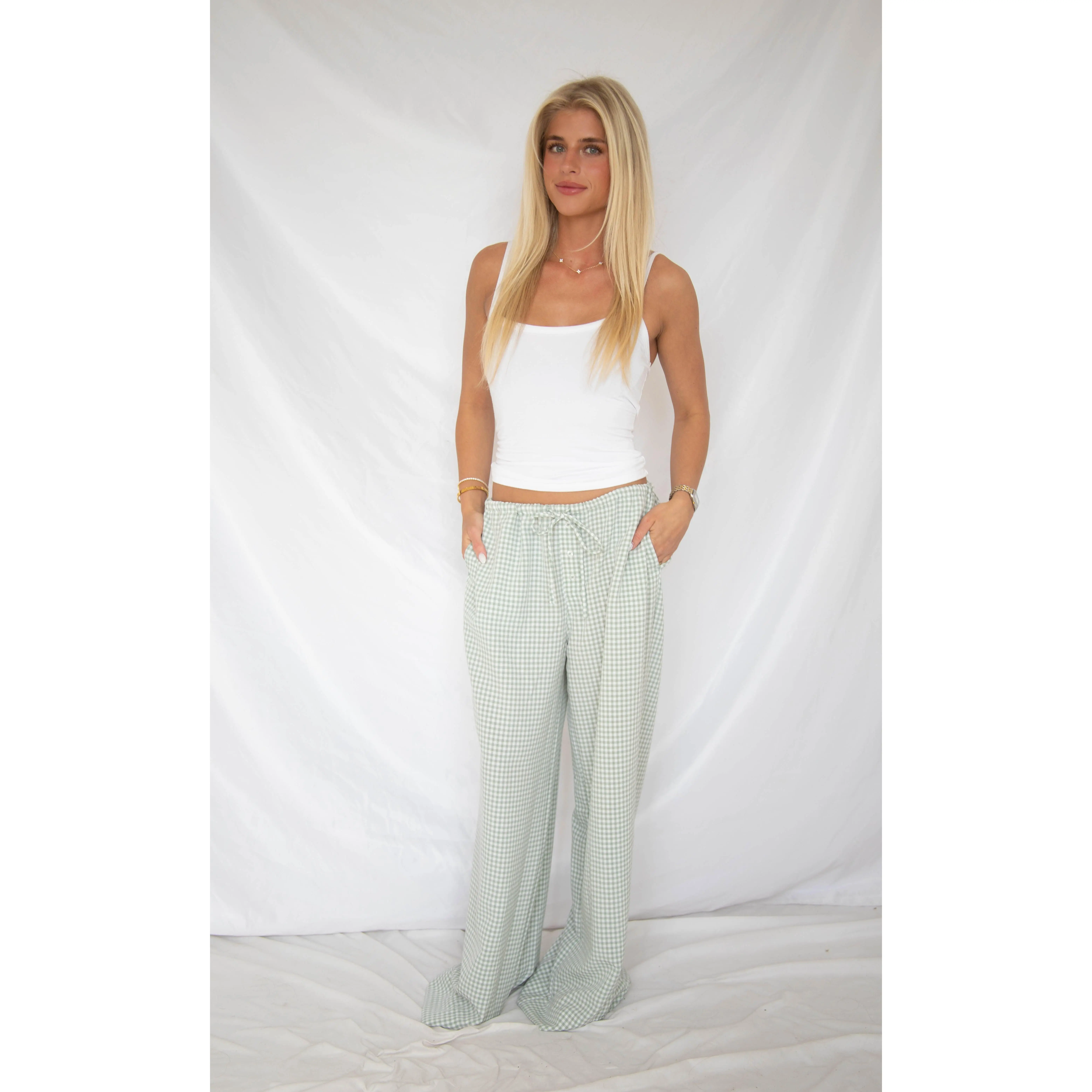 take it slow gingham pants - sage