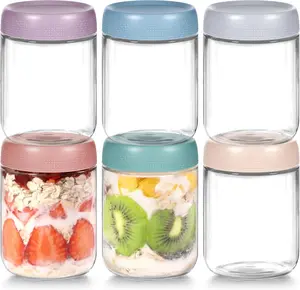 6 Pack Overnight Oats Containers with Lids, Wide Mouth Mason Jars 16oz, Glass Food Storage Containers with Airtight Lids, Overnight Oats Jars for Snack Yogurt Salad Spice Cereal