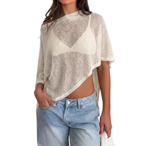 Women Sheer Poncho Top Lightweight Crochet Knit Beach Cover Up Boho Mesh Shawl Summer Festival Vacation Outfits