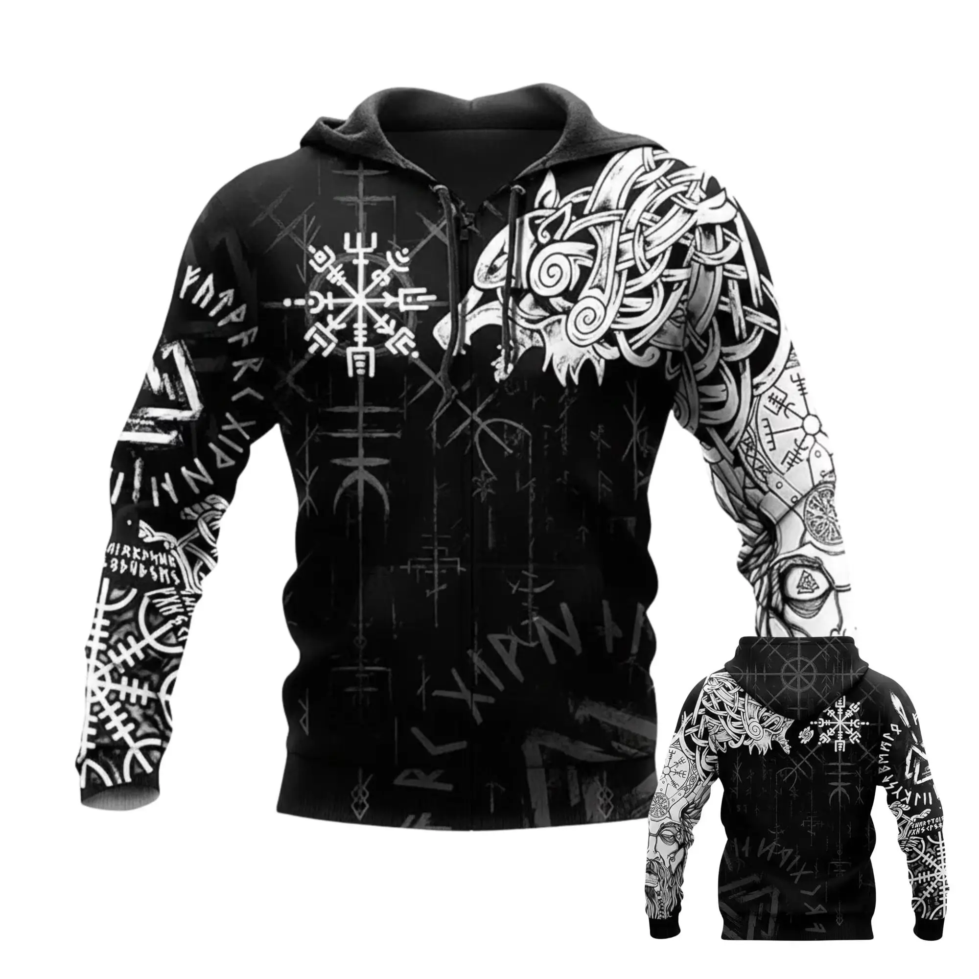 Viking Vegvisir Compass Norse Rune Zip Up Hoodie 3D All Over Print Black White Fenrir Wolf Celtic Knot Shoulder Loose Casual Streetwear Fall Winter Spring Gym Sports Fan Men Women