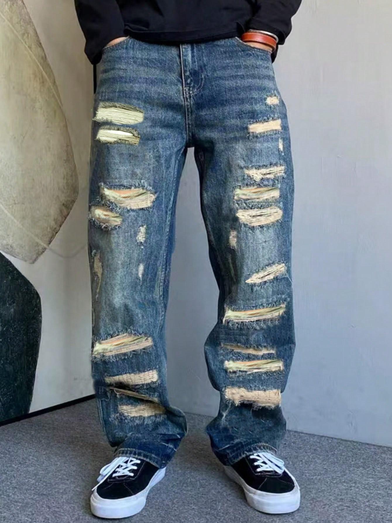 SRETOUU Men's Vintage Distressed Baggy Jeans, Ripped Wide Leg Denim Pants with Destroyed Details, Streetwear Hip Hop Loose Fit Jeans