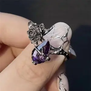 Vintage Gothic Black Plated Rose Branch Ring, Pear Shaped Amethyst Purple Crystal Open Adjustable Dark Punk Finger Ring