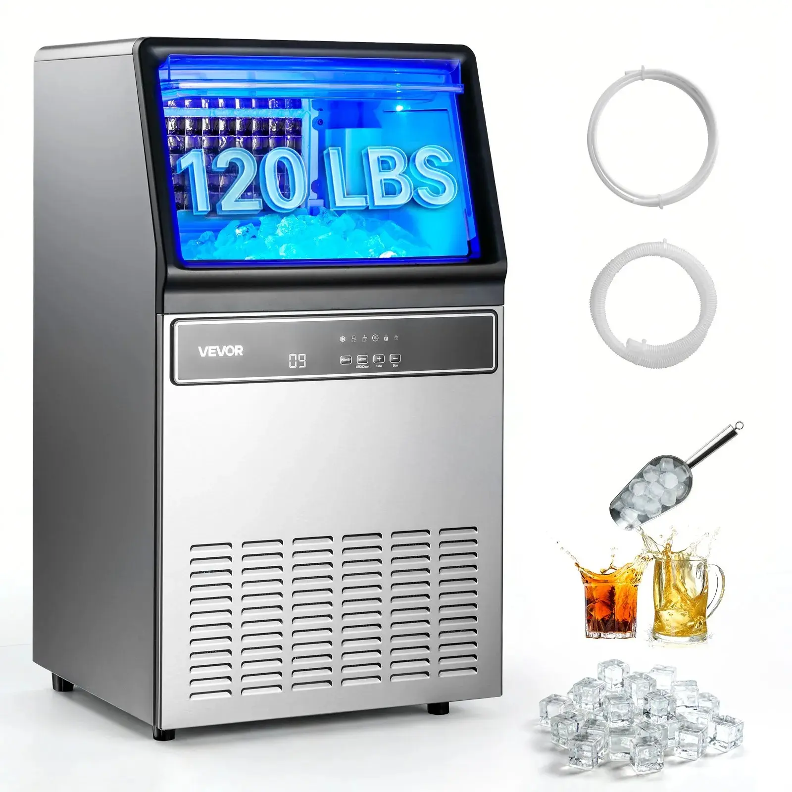 VEVOR Commercial Ice Maker Machine, 120Lbs/24H Efficient Ice Making, 33Lbs Storage, 45 Cubes/Cycle, Stainless Steel Freestanding-Under Counter, LED Display, Self-Cleaning, Onetouch Thick-Thin, for Light Commercial Use Home Bar