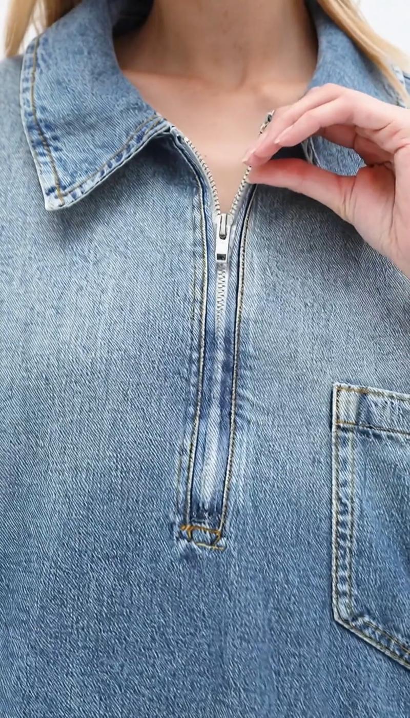 Elengatine Women's Denim Dress Half-Zip Collared Vintage Washed Blue Loose Fit Long Sleeve One Chest Pocket Trendy Casual Top for Daily Wear & Street Style Looks - Chic Autumn and Winter - Womenswear Suitable for all people, sizes range from XS - 5XL Elengatine Women's Denim Dress Half-Zip Collared Vintage Washed Blue Loose Fit Long Sleeve One Chest Pocket Trendy Casual Top for Daily Wear & Street Style Looks - Chic Autumn and Winter - Womenswear Suitable for all people, sizes range from XS - 5XL