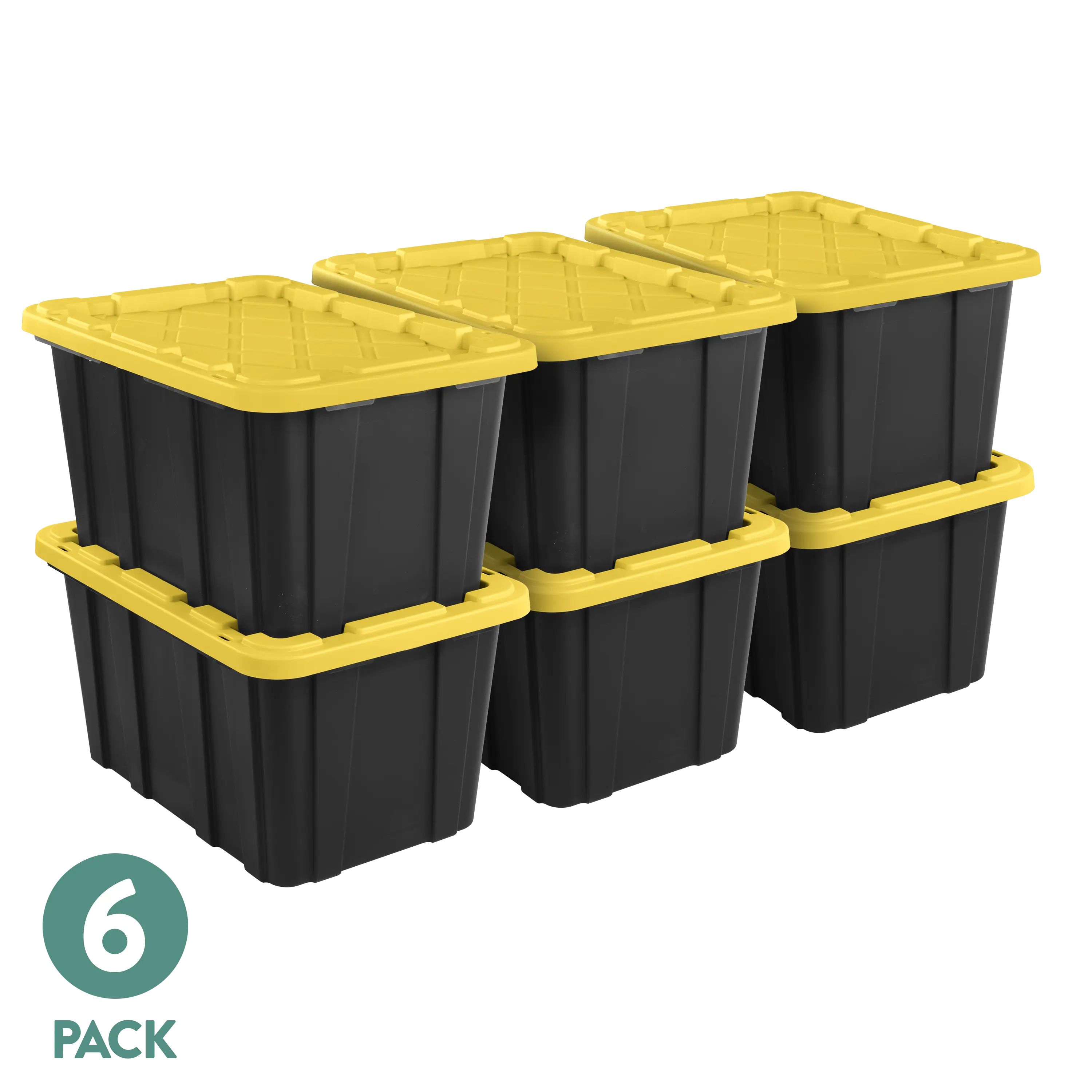 Sterilite Large Storage Bin, 27 Gallon Durable Plastic Storage Tote with Snap-On Lid, Black and Yellow, 6 Pack