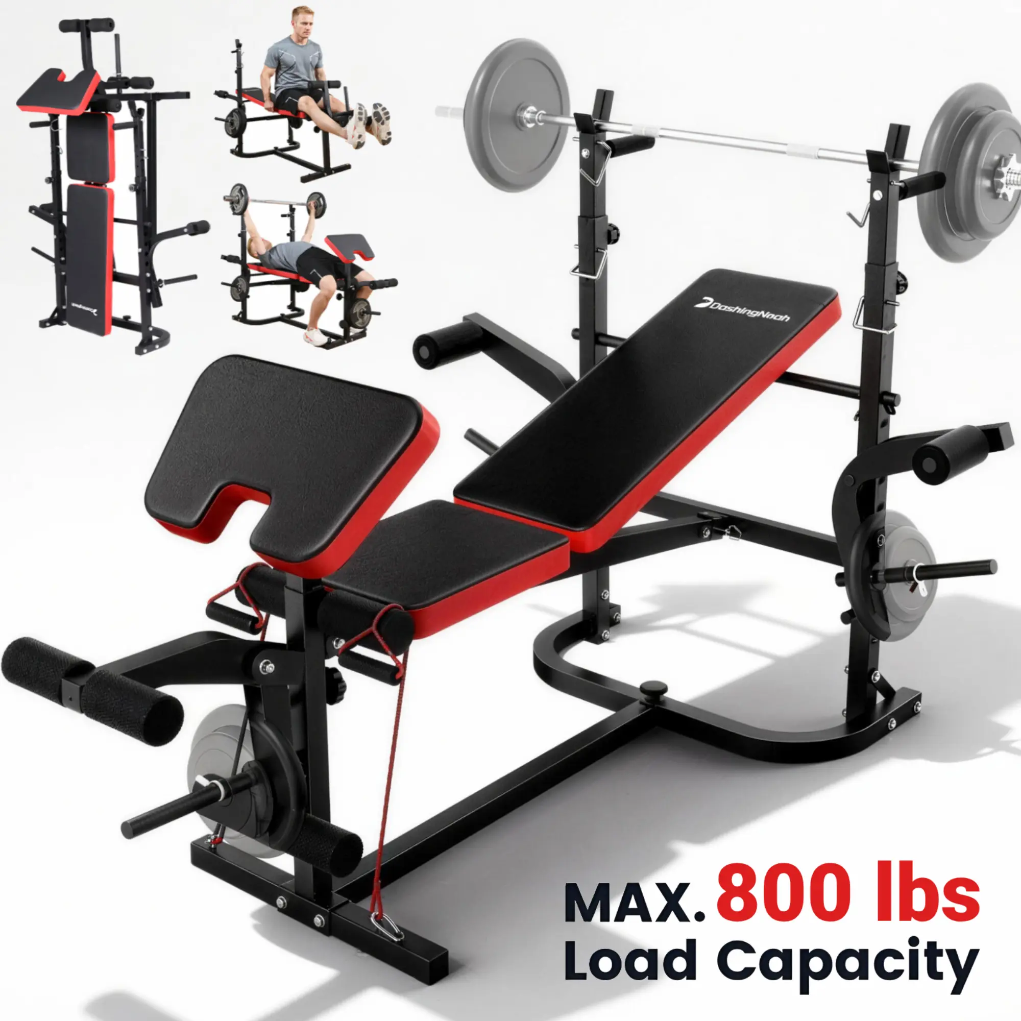 6-in-1 Foldable Weight Bench Set, 1695LBS Adjustable Workout Bench/Barbell Rack/Curl Pad, Bench Press, Leg Extension and Curl machine, Workout Fitness Equipment w/Squat Rack for Home Gym