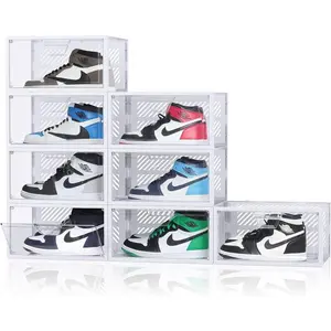 Large Display Shoe Storage Box, 8 Pack Clear Plastic Stackable Shoe Organizer Containers for Closet, Space Saving Shoe Storage Organizer, Foldable Shoe Rack with Lids, White