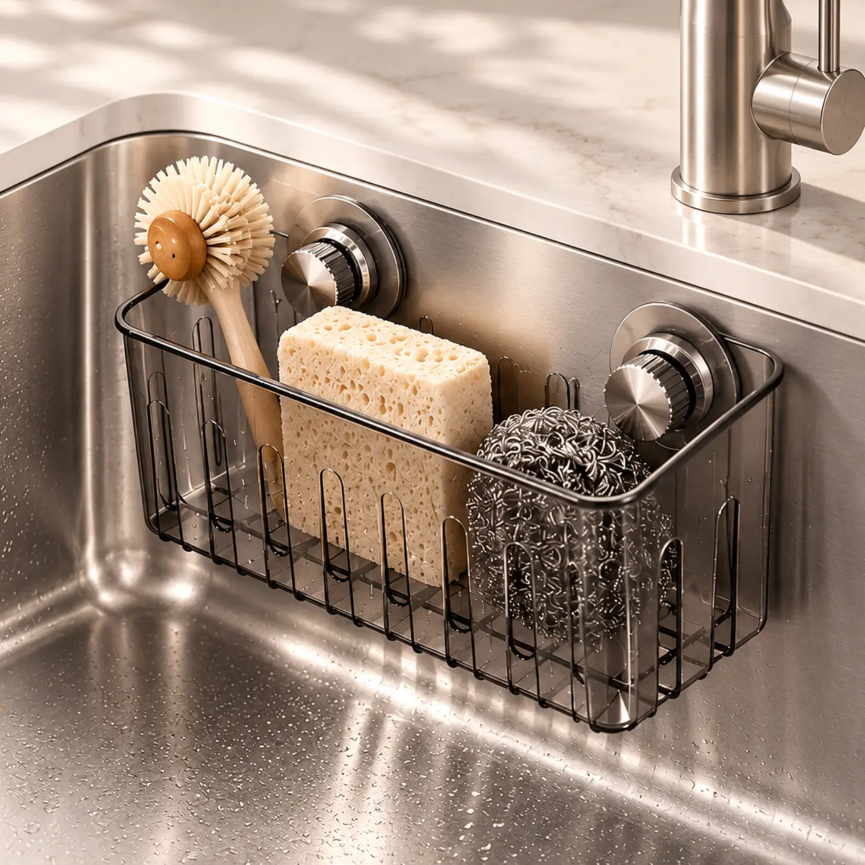 Hidden Kitchen Sink Drain Rack Organiser, Sponge Holder Caddy with Anti-Slip Grip Suction Cups, Extra Space, Multiple Air Holes, Easy to Clean, Reusable