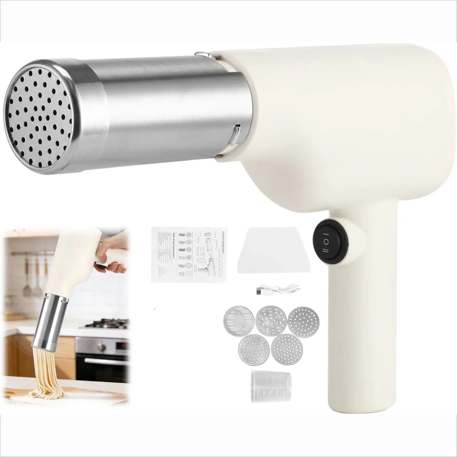 5-in-1 Automatic Electric Pasta Maker, Cordless Handheld Noodle Maker with 5 Shaping Discs Rechargeable Pasta Machine for Home Kitchen Breakfast Store Restaurant