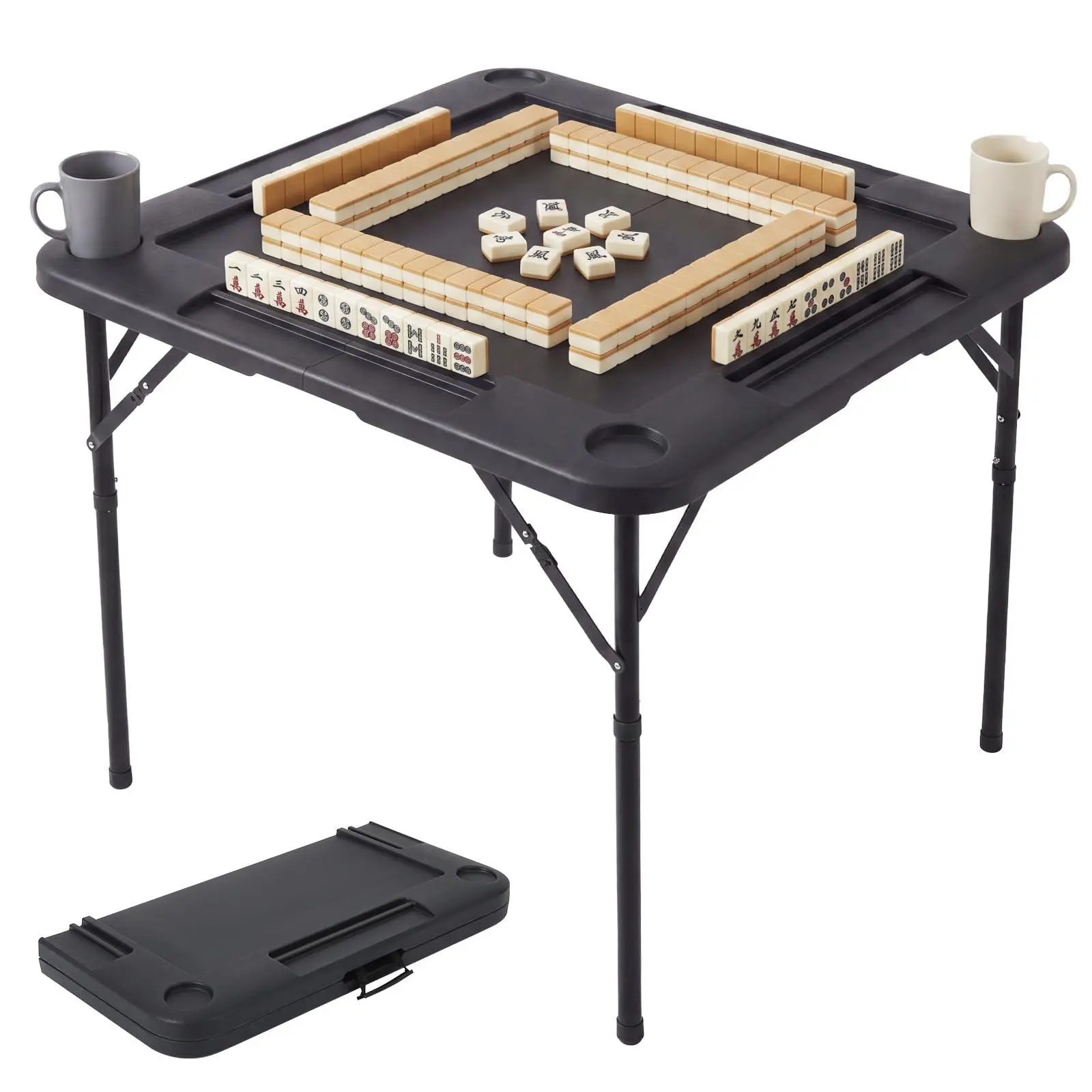 34" Folding Mahjong Table Featuring 4 Cup Holders, HDPE, for Poker Domino, Black for poker, and card games