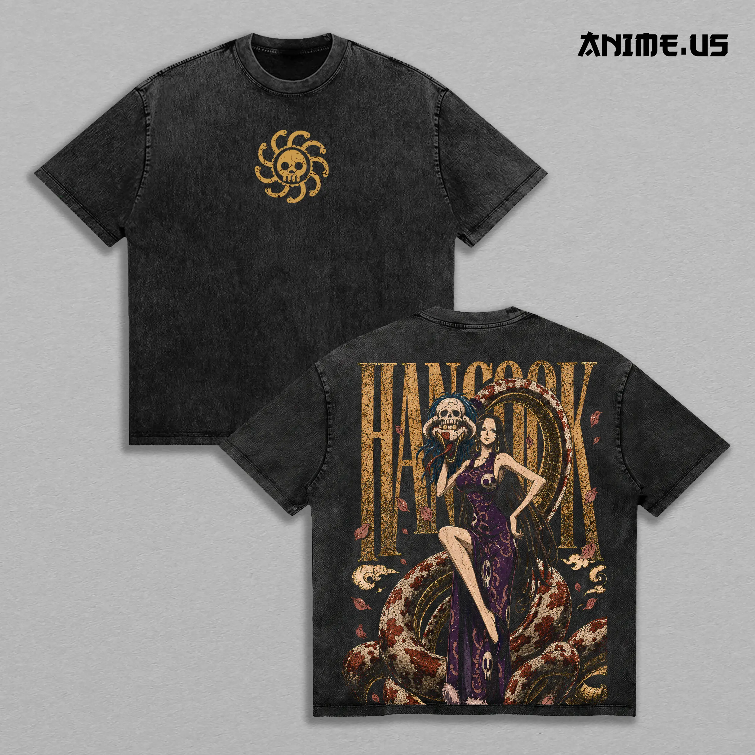 Boa Hancock Vintage Washed Heavyweight Cotton T-Shirt, One Piece Pirate Empress Snake Princess Anime Graphic Tee, Double Sided Oversized Streetwear Shirt, Retro Manga Unisex Fan Gift