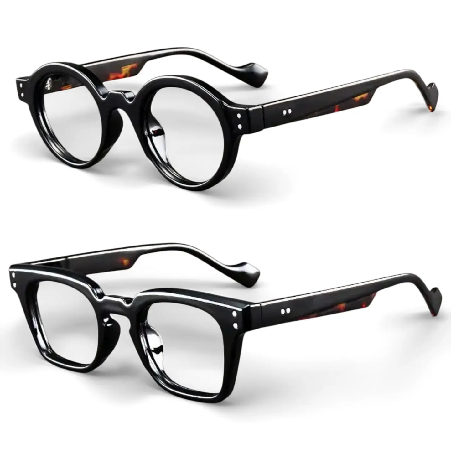 Unisex 2-Pack Vintage Reading Glasses Set - Round & Square Black Frames with Tortoise Shell Arms, Lightweight Durable Anti-Blue Light Eyewear for Daily Wear, Ideal Gift