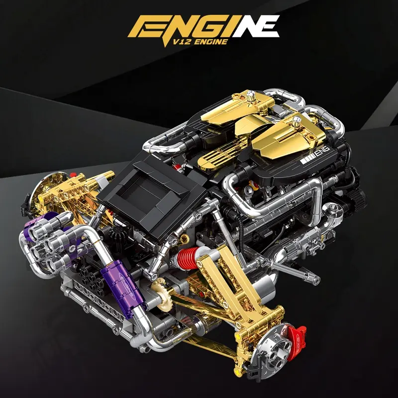 1602PCS V12 Engine Building Blocks Model Simulation Motorized Assembing Small Particle Bricks Ornaments Educational Toys Christmas Gifts For Kids Adult