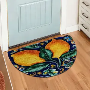 Mediterranean Style Lemon Print Half Circle Rug, Vintage Blue Floral Indoor Mat, Comfortable Soft Non-Slip Absorbent Foot Pad