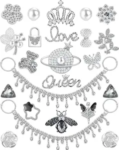 24Pcs Silver Bling Shoe Charms – Queen, Love, Planet & Rhinestone Chains – Glam DIY Shoe Decor for Women