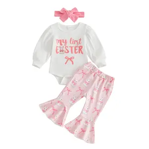 Babamoon Toddler Baby Girl Easter Outfits Set Bunny Bow Long Sleeve Romper Tops Flare Pants and Bow Headband 3pcs Spring Clothes Set