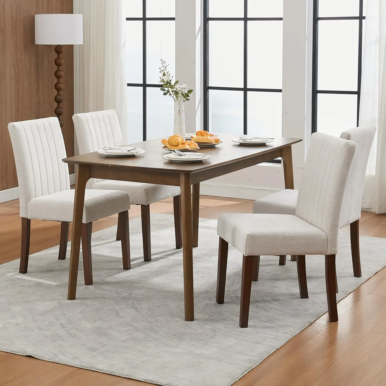 Garvee Set of 4 Upholstered Dining Chairs with Modern Parsons Design, Soft Linen Fabric in Gray Vertical Stripes, Sturdy Wood Legs, Comfortable Kitchen Side Chairs for Dining Room, Restaurant, Cafe