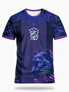 Men's Brazil Jaguar Football Short Sleeve Shirt & Leopard Print Round Neck, Lightweight Breathable Sports Top, Training, Competition, Casual Wear