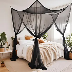 Bed, Black Bed Curtains for Twin Full Queen Size, Square Net for Bedroom Indoor, Gothic Halloween Decoration