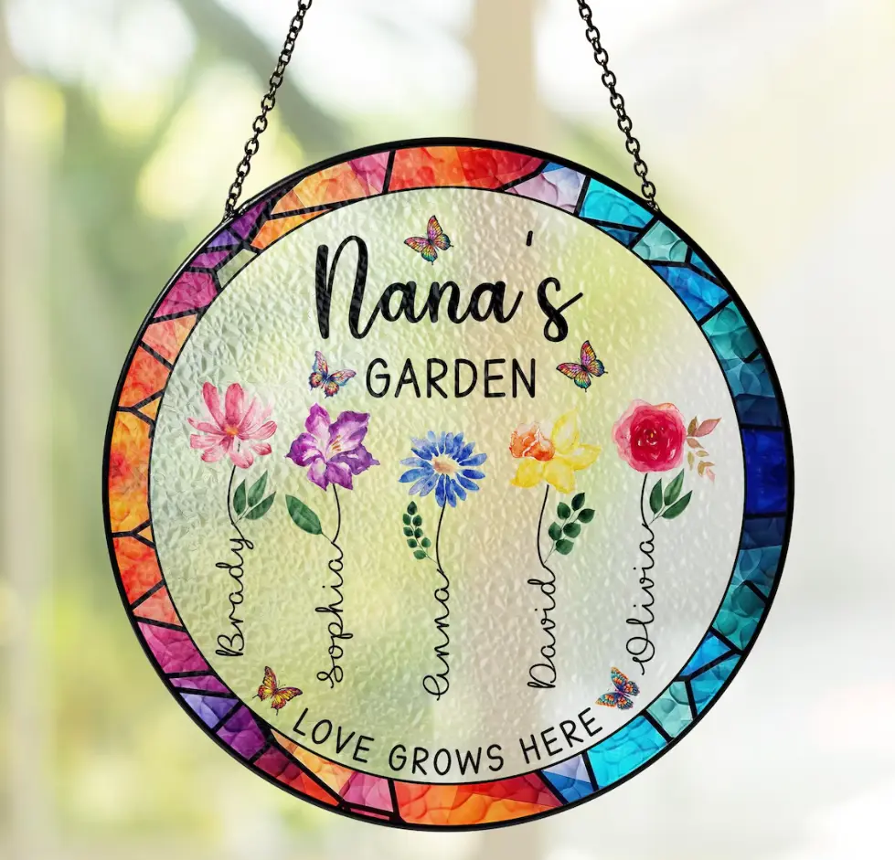 Personalized Stained Glass Suncatcher - Custom Nana’s Garden Design with Names & Flowers, Reflective Natural Light Decor, Perfect Mother’s Day or Valentine’s Day Gift for Grandma