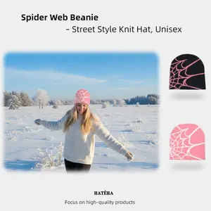 Unisex Edgy Trendy Acrylic Spider Web Knit Beanie - Winter Web Design Hat, Street Style Fashion Accessory, Ideal for Daily Outfits & Photoshoots