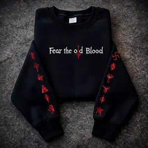 Bloodborne "Fear The Old Blood" Embroidered Hoodie | Dark Fantasy Horror Gaming Sweatshirt, Yharnam Rune Streetwear, Gothic Gamer Gift, Oversized Anime Crewneck Apparel