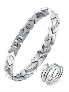 Magnetic Therapy Jewelry Set for Women, Fashionable Jewelry Set, Includes Adjustable Titanium Steel Bracelet & Copper Ring, Perfect Gift for Her, Elegant Matching Jewelry Set