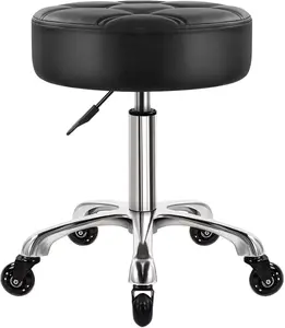Heavy Duty Rolling Stool with Wheels Hydraulic Swivel Adjustable Rolling Stool Ergonomic Thick Leather Round Seat Chair for Kitchen Drafting Lab Office Salon Message Stool – Black