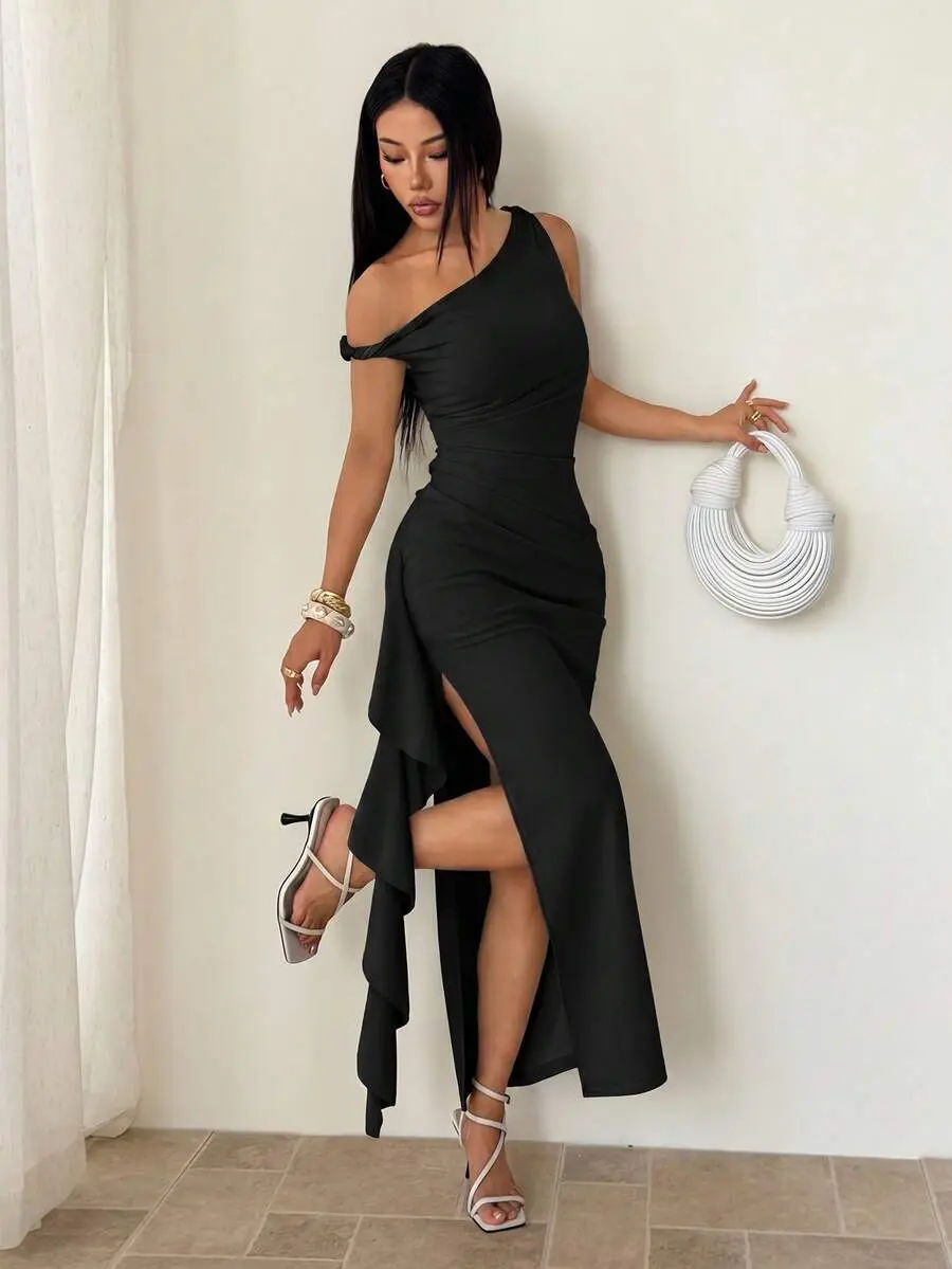 PETITE Spring/Summer Wedding Bridesmaid Dress Party Asymmetric Neck Twisted Knot Strapless Sexy Pleated High Slit Ruffle Ribbon Bodycon Long Sage Green Women's Dress, Elegant Ruffle Women's Extra Long Asymmetric Neck Dress ,Petite Women