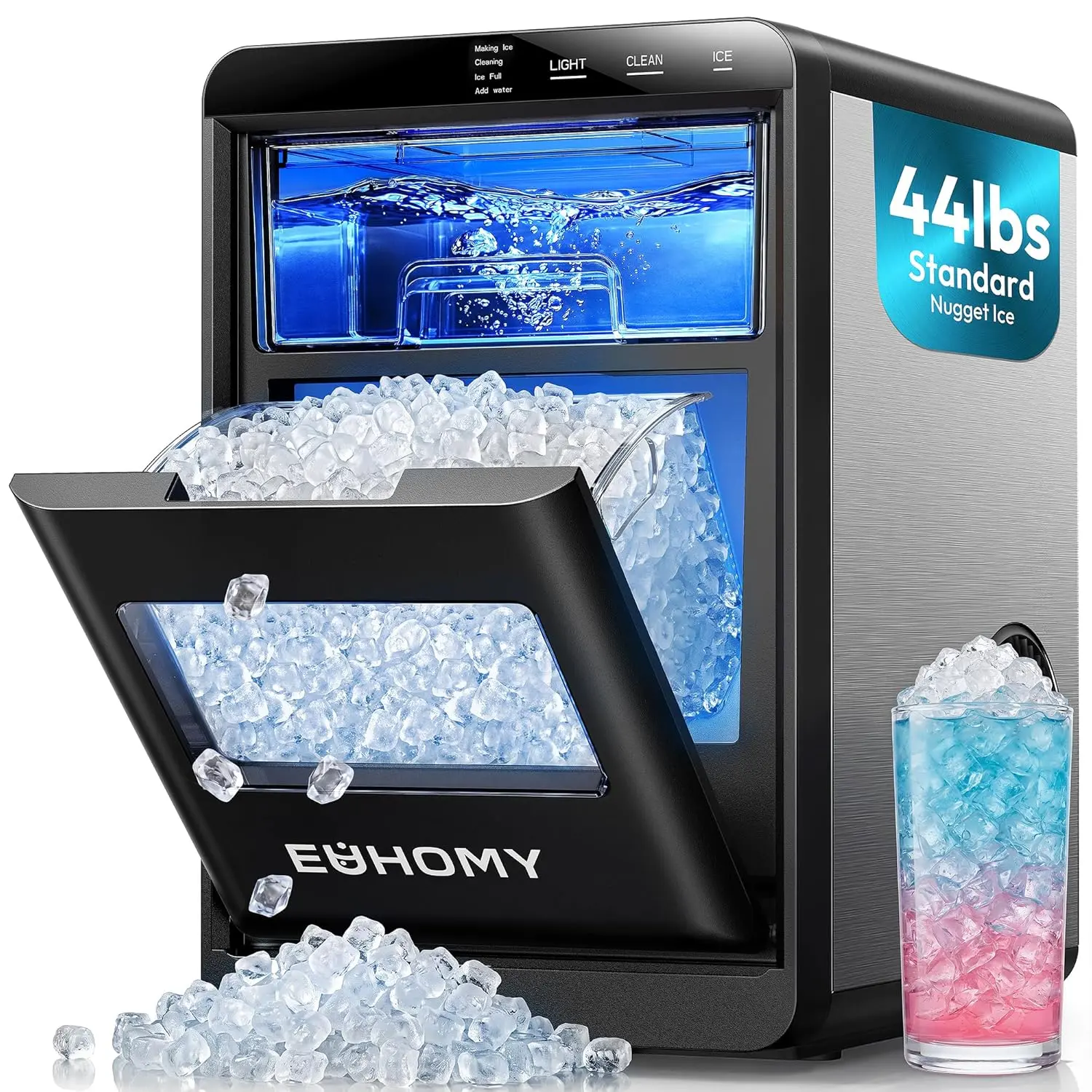 【Back To School】EUHOMY Nugget Ice Maker Countertop, 35Lbs/24H&44Lbs/24H Pebble Ice Maker Machine, Self-Cleaning Pellet Ice Machine with Ice Scoop&basket, Sonic Countertop Ice Machine for Home/Kitchen/Office(Black)