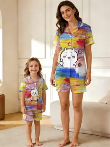 3D Chiikawa Parent-Children Pajamas, Vibrant Graffiti Style 3D Print, Comfort Home Wear for Mom and Daughter, Casual Slim Fit Sleepwear