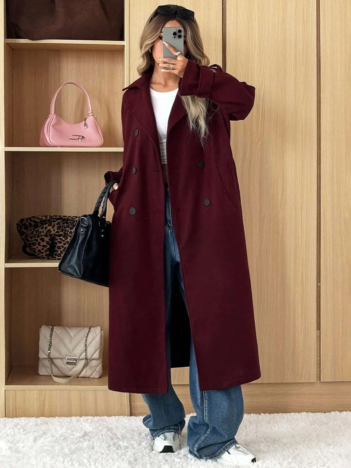 Ancora Red Women's Double-Breasted Long Coat Solid Color Wool Blend Trench With Lapel Neck Elegant Casual Outerwear For Autumn Winter