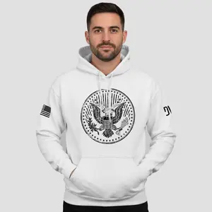 Presidential Seal Hoodie American Eagle Patriotic Fleece Sweatshirt Men's USA Flag Sleeve S-3XL Premium 8oz Cotton-Poly Blend Pullover with Chest Graphic Design