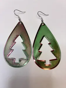 3-D Printed Christmas Tree Earrings - 1 1/2" x 2 1/2" Silk Plastic Red to Green Color Change Festive Accessory for Christmas Celebrations