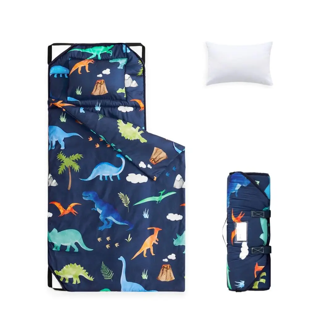 - Cot Nap Mat with Pillow and Blanket, for Toddler Kids Boys Girls Daycare Kindergarten Preschool Pre with Elastic Corner Straps, Cute Colorful Dinosaur, Navy Blue