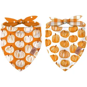 2 count Fall  Bandana Autumn Thick Line Pumpkin Triangle Pet Scarf Reversible Orange Plaid Polka Dot Adjustable Pet Neckerchief for Thanksgiving Costume Accessories