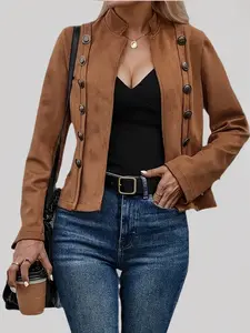 Women'S Jacket New, Vintage Long-sleeved Jacket, Solid Color Double-breasted Decorative Design