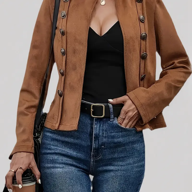Women's Vintage Double-Breasted Button-Front Woven Solid Color Long-Sleeved Collared Jacket - 1-Piece Casual Retro Zip Outerwear for New Year Fashion