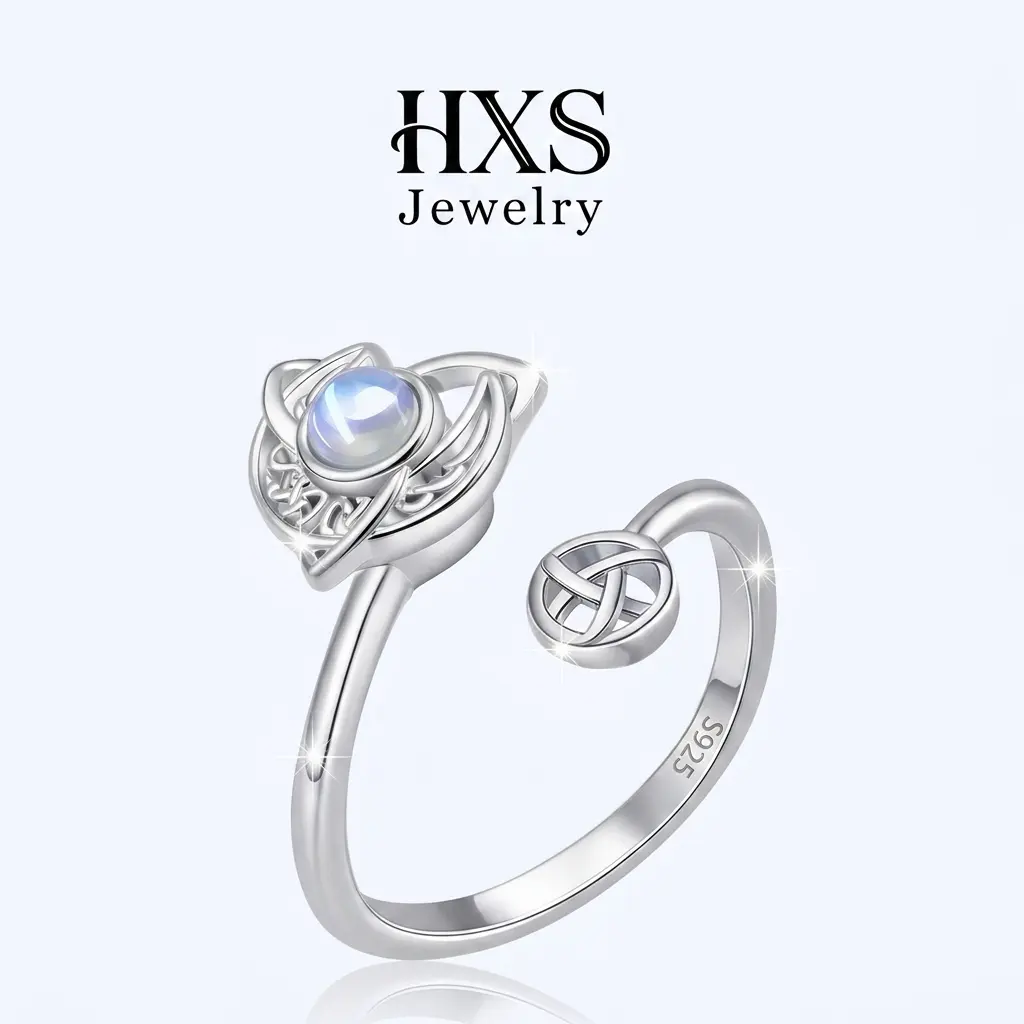HXS 925 Sterling Silver Moonstone Fidget Ring for Anxiety 360° Spin Celtic Knot Celestial Spinner Ring Aesthetic Moonstone Witchy Spinner Ring Divine Feminine Energy 925 Silver Celtic Knot Anti Stress Ring