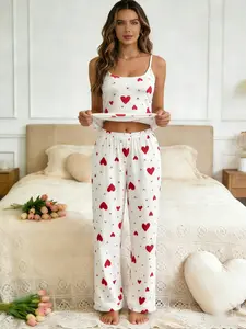 Heart Print Halter Sleepwear Set, Thin Strap Top + Loose Wide Leg Pants, Casual Home Two-Piece Suit, All Seasons