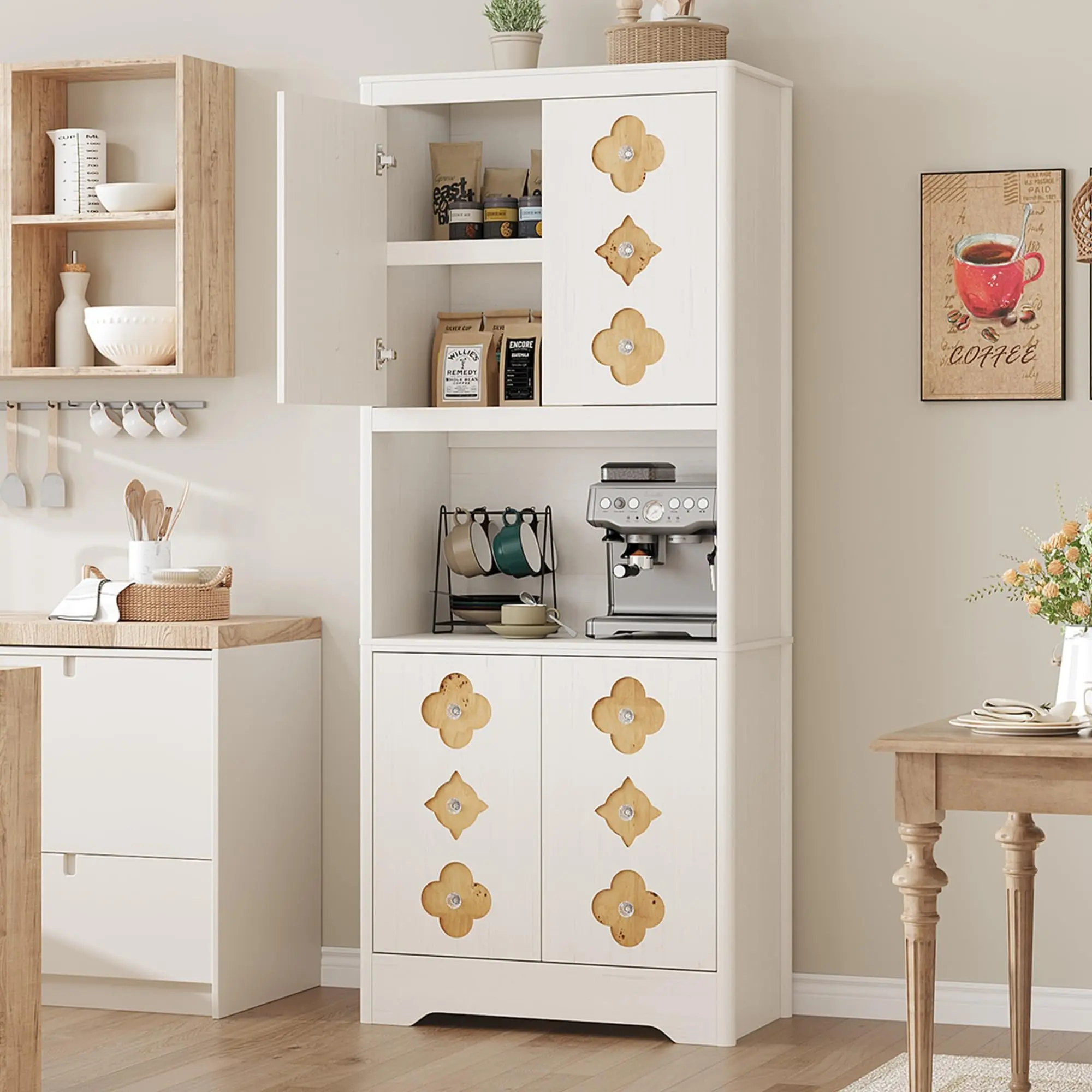 Antique White Mid Century Modern Kitchen Pantry Cabinet, 72" Tall Storage Cabinet with Microwave Shelf, Wooden Freestand Cupboard with Carved Flower Door & Crystal Handle, for Dining Room