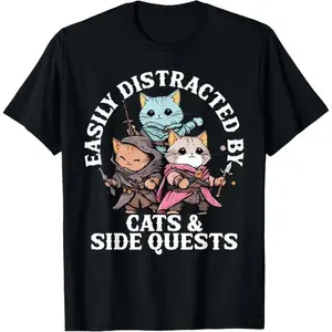 Easily Distracted By Cats And Side Quests T-Shirt Funny RPG Gamer Graphic Tee DND Lovers Gift Retro Fantasy Adventure Cat Apparel Unisex Soft Cotton Gaming Shirt Harajuku Streetwear Top BlackUnisex T-shirts M-5XL