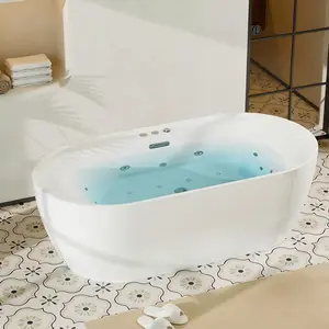 70x35 Inch Freestanding Acrylic Bathtub, Massage SPA Soaking Tub, Water Jetted Air Bubble and Heated Soaking Combination Bathtub with 10 Hydromassage Adjustable Water Jets, White