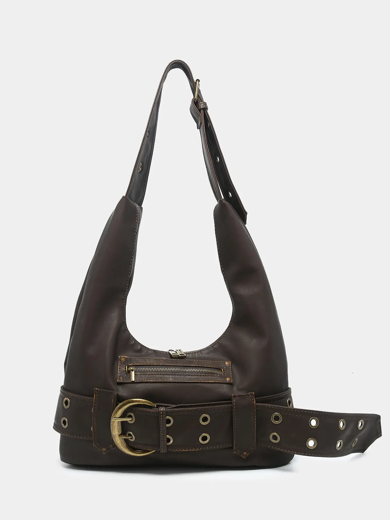 バッグ Y2K leather shoulder bag 2way grunge Y2K Grunge Black Hobo Bag with Belt Accent - Edgy Shoulder Purse