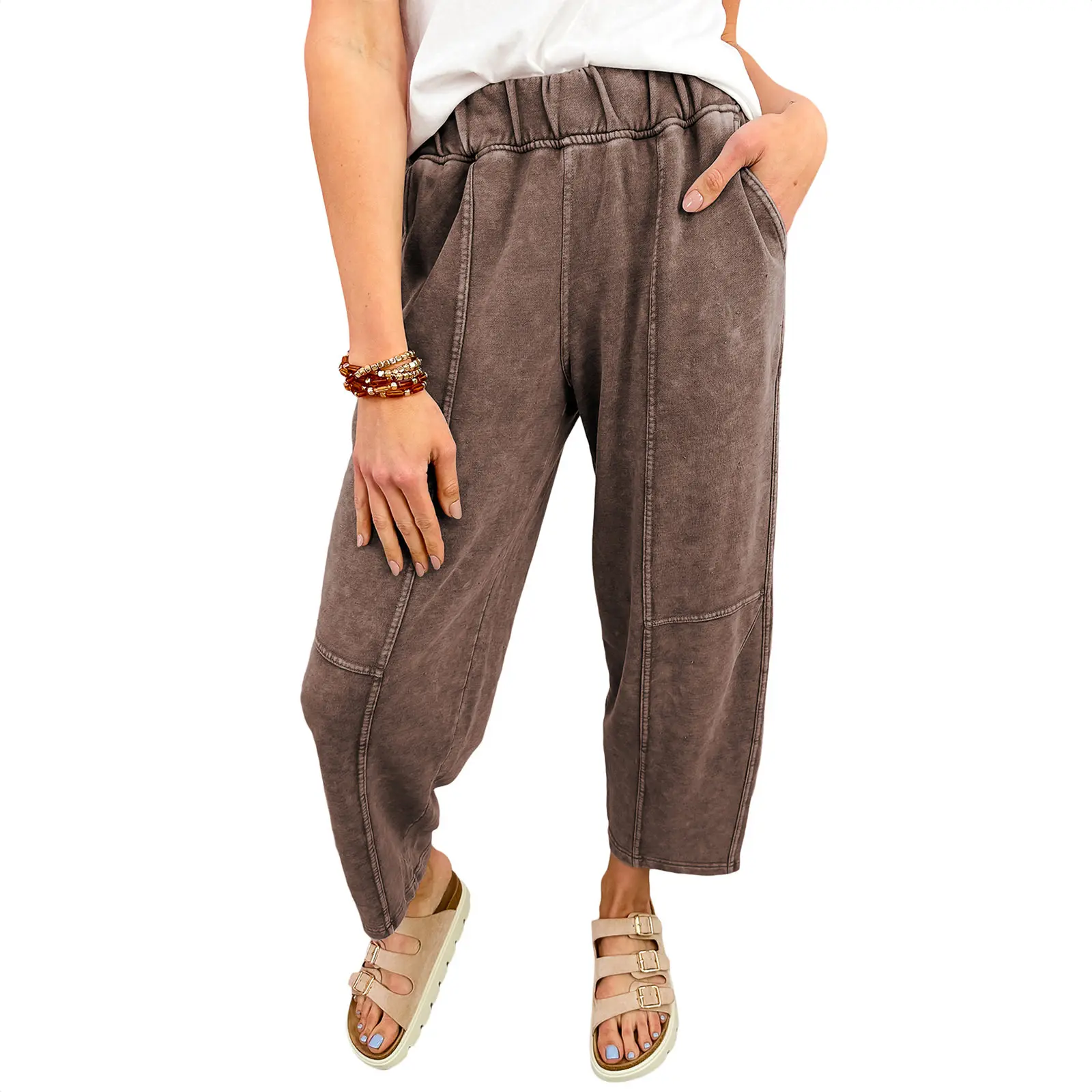 Mntaor Women's Classic Americana Coffee Colored Barrel Pants - Womenswear Bottom, Mineral Wash Finish, Prominent Seam Details, Pull-On Elastic Waist for Fall Layering, Everyday Casual Errands