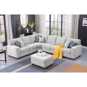 HomeStock Sectional Sofa Set, Southwestern Sensibilities Upholstered Modern Linen Blend Fabric Sectional Sofa Set  Living Room Sectional Sofa with Ottoman Living Room Sectional Couch