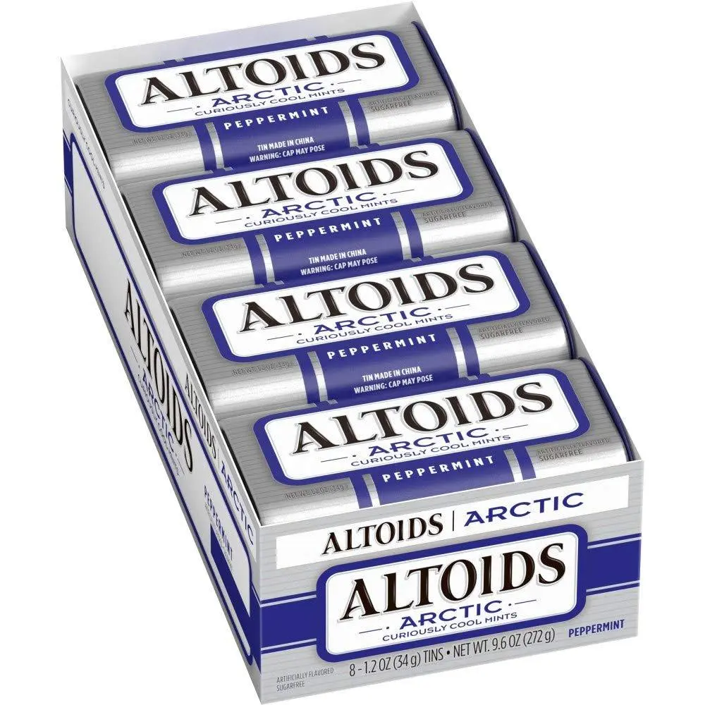 Altoids Arctic Peppermint Breath Mints - 1.2 oz Tin, Pack of 8, Sugar-Free, USA Made, Curiously Cool Mint Flavor for Fresh Breath Candy Snack