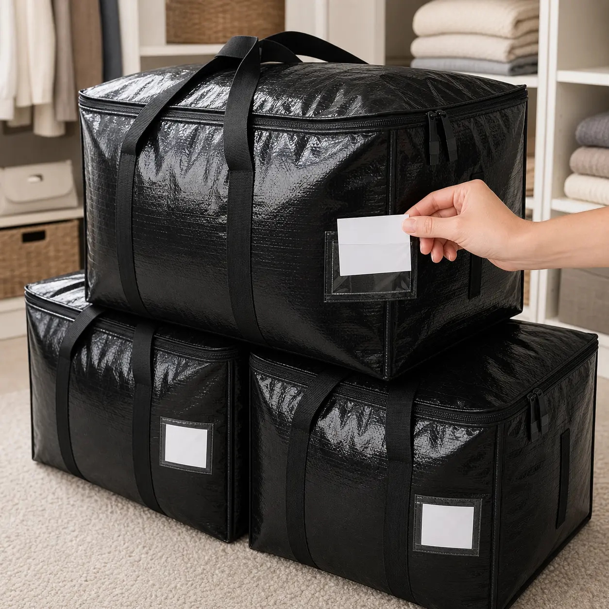 8 Pack Extra Large Heavy Duty 24 Gal Storage Bags for Camping, Moving Wide Zipper, Wraparound Handles, Clear Tag Pocket, Reusable Foldable Water-Resistant for Comforters, College Dorm, Apartment Moving and Space-Saving Storage