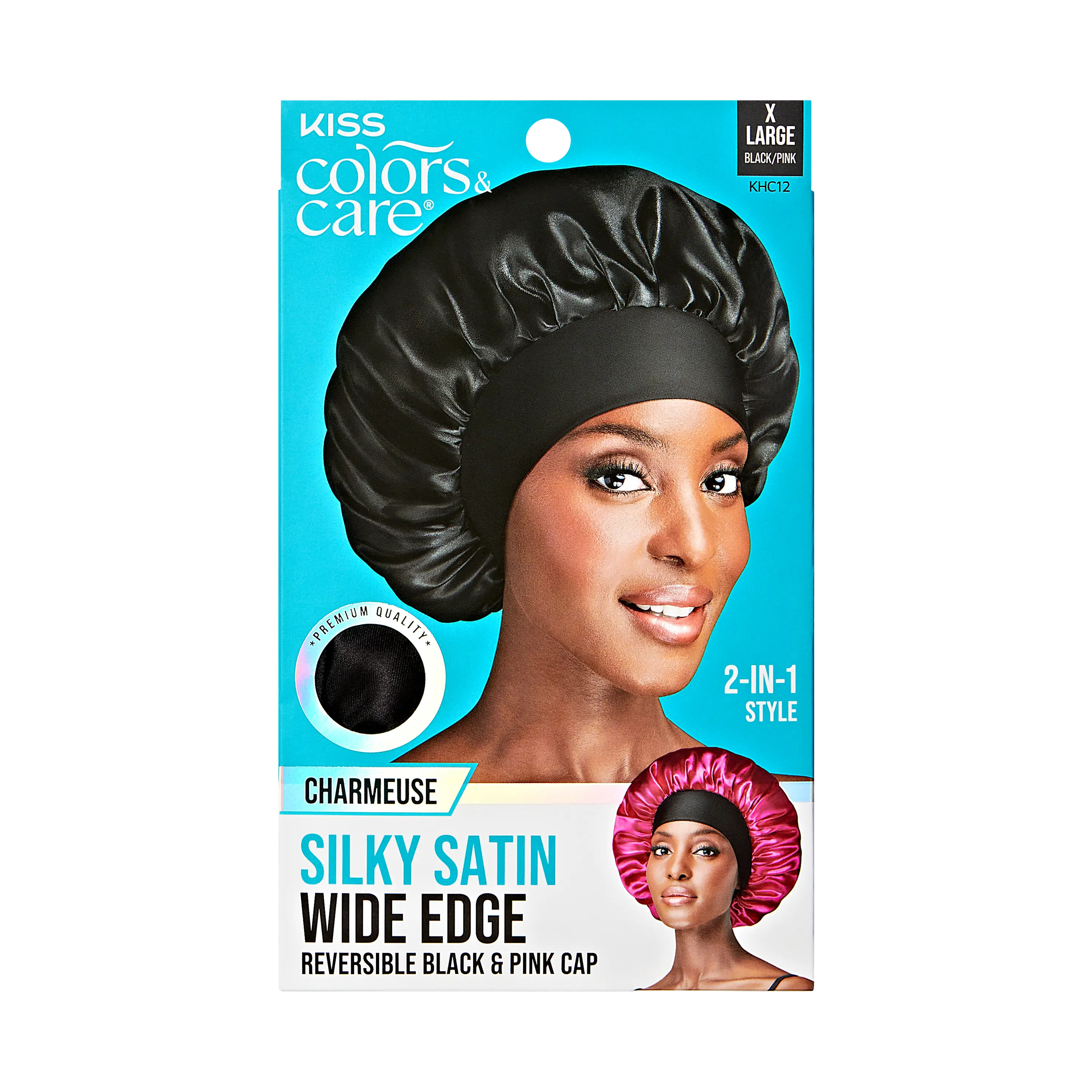 Kiss Colors & Care Silky Satin Double Wear Cap, XL - Black | Reversible, Extra-Large, Silk Bonnet, Sleep Bonnet, Hair Accessories