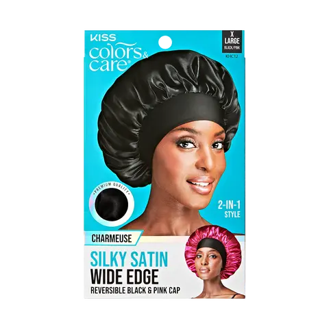 Kiss Colors & Care Silky Satin Double Wear Cap, XL - Black | Reversible, Extra-Large, Silk Bonnet, Sleep Bonnet, Hair Accessories